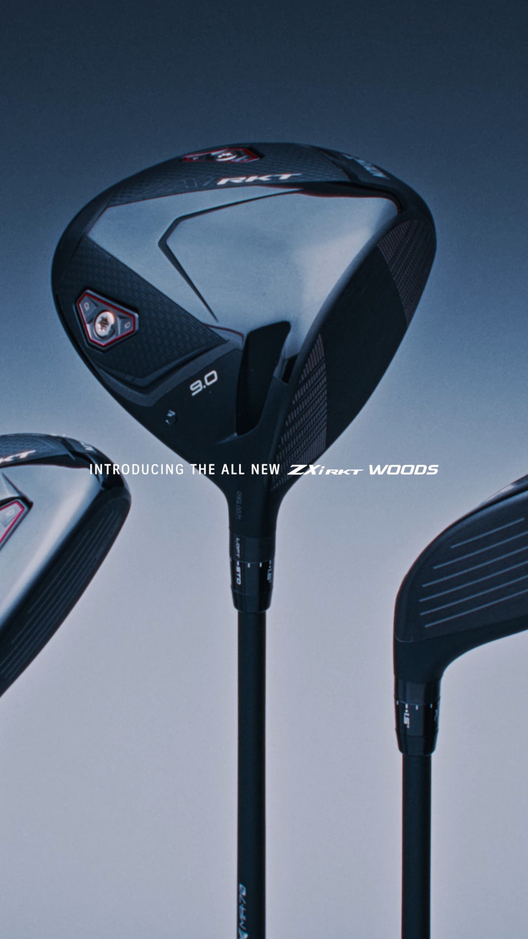 Close-up of modern golf driver heads on a soft blue backdrop